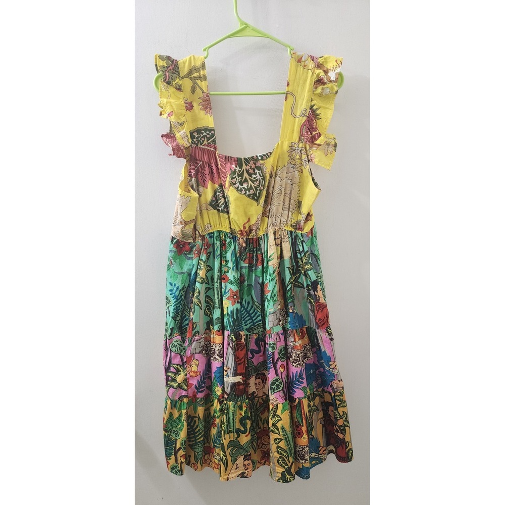 Miss G Tropical Patchwork Ruffle Tiered Midi Dress Yellow Floral Square Neck L